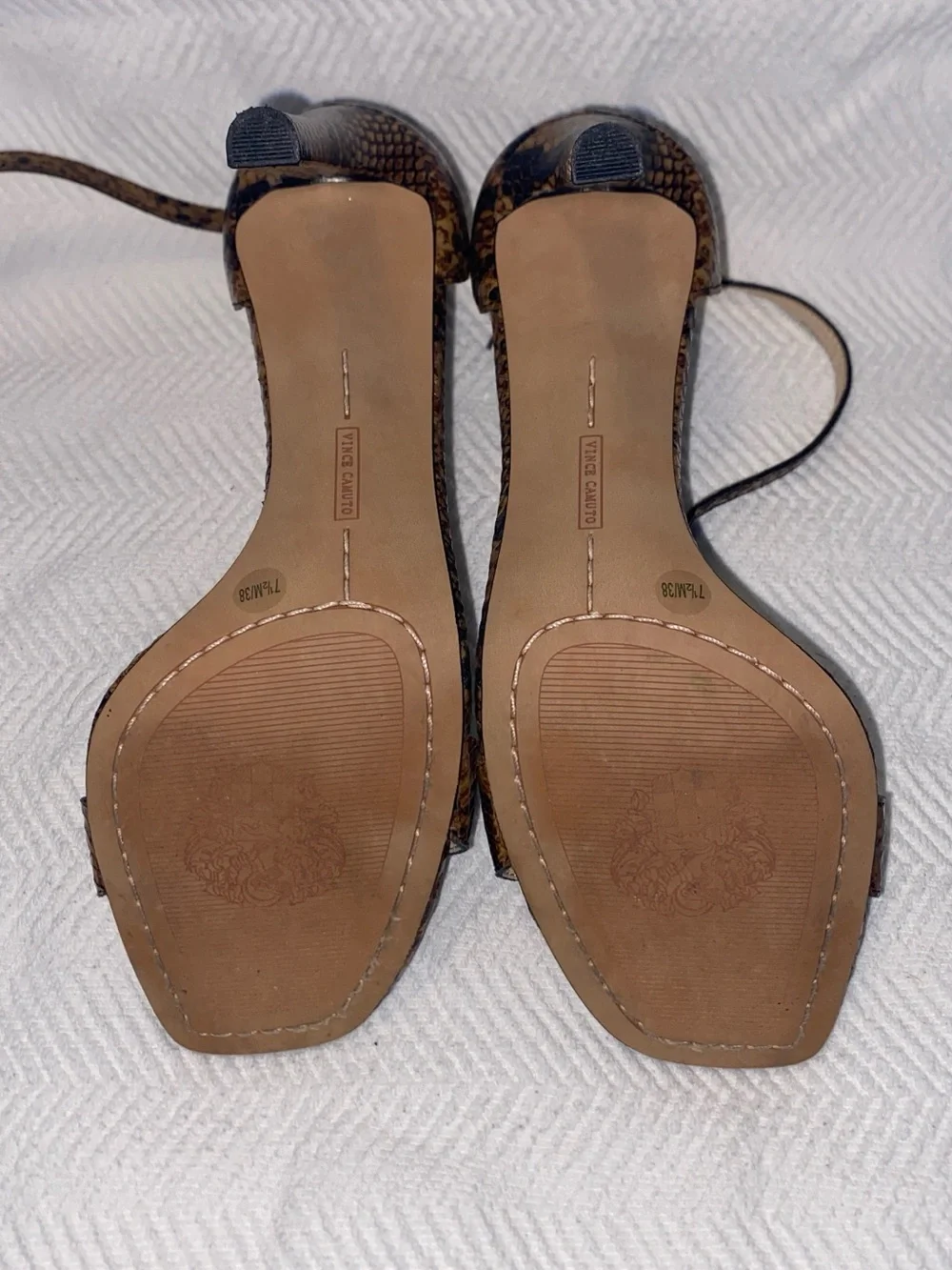 Vince Camuto Brown Snake-Print Ankle Strap Stiletto Sandals; 7.5M